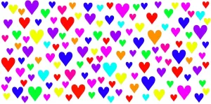 Coloured: Multi-coloured love heart mug covered in rainbow hearts