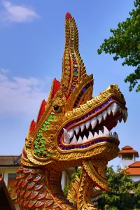 Golden: Naga statue at Wat Sum Pow Temple in Chiang Mai, Thailand