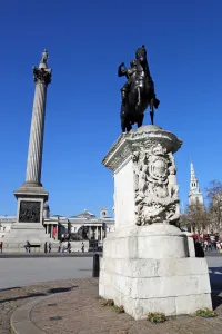Nelsons: Nelsons Column and statues of King Charles I in Trafalgar Square, London