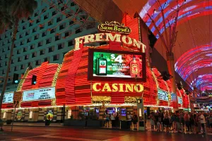 Neon lights of casinos in Fremont Street at night, Las Vegas, Nevada, America