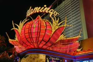 Las Vegas: Neon lights of the Flamingo Hotel and Casino at night, Las Vegas, Nevada, America