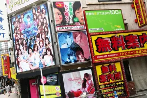 Tokyo, Japan: Nightclub and nightlife advertising signs in the red light district of Shinjuku, Tokyo