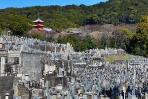 Death: Nishi Otani cemetery and pagoda from Kiyomizu-dera Temple in Kyoto, Japan