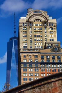 States: Old traditional and new buildings including One World Trade Center ( 1 WTC )