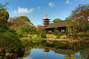 Lanterns: Pagoda and oriental garden at Senso-Ji Temple in Asakusa in Tokyo, Japan
