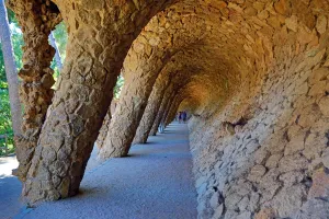 Modern: Parc Guell park with architecture deisgned by Antoni Gaudi in Barcelona, Spain