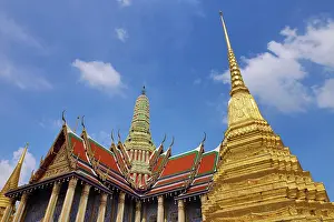 Bangkok, Thailand: Phra Suwannachedi gold chedi and Phra Mondop at Wat Phra Kaew Temple (Temple of the Emerald Buddha)