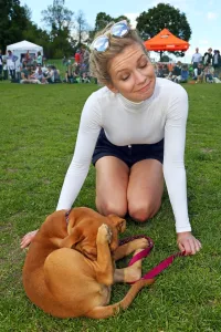 Rachel Riley judging All Dogs Matter Dog Show, Hampstead Heath, London