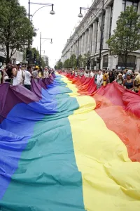 Mardi Gras March: Rainbow Flag on Oxford Street at London Pride Parade 2009