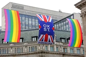 Parade: Rainbow flags on Oxford Street for Pride, London
