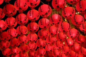 Lights: Red Chinese paper lantern decorations for Chinese New Year, Kaohsiung City, Taiwan