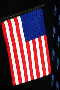 States: Red, white and blue Stars and Stripes American flag, New York. America