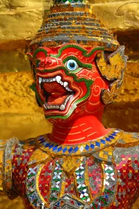Statues: Red Yaksha Demon Statue, Wat Phra Kaew Temple, Bangkok, Thailand