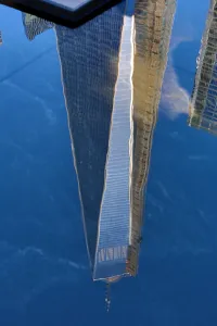 States: Reflection of the One World Trade Center ( 1 WTC ) building, New York. America