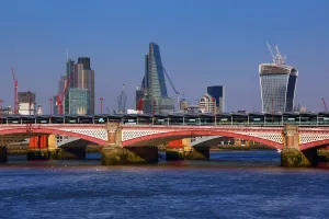 Views: River Thames with Blackfriars Bridge and the City of London skyline in London, England
