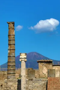 Ruined pillar in the ancient Roman city of Pompeii, Italy