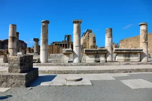 Ruined pillars in the ancient Roman city of Pompeii, Italy