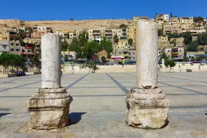 Archaeology: Ruined pillars on the Hashemite Plaza in the Old City, Amman, Jordan