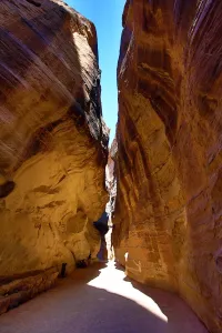 Heritage: Sandstone cliiffs of the Siq canyon entrance to the city of Petra, Jordan