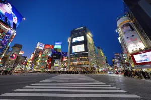 Architecture: Shibuya pedestrian crossing in Shibuya with lights at night, Tokyo, Japan