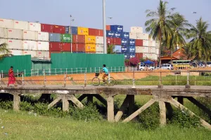 Industry: Shipping containters at the Botahtaung Jetty and docks, Yangon, Myanmar