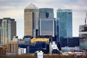 High: Skyscrapers of Canary Wharf Skyline, City of London, England