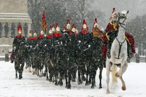 Snow In London: Snow spooks horse at the Changing of the Queens Life Guards, London