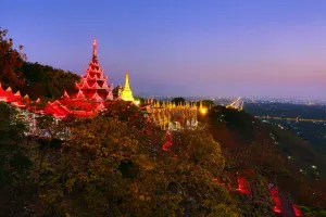 Illuminations: Southern stairway up Mandalay Hill at sunset, Mandalay, Myanmar (Burma)