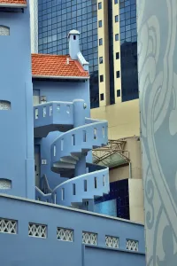 Stairs: Spiral staircase on a blue house in Chinatown in Singapore, Republic of Singapore