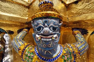 Emerald: Spot colour Yaksha Demon Statue at Wat Phra Kaew temple, Bangkok, Thailand