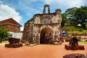 Ruins: St. Pauls Church and statue on St. Pauls Hill in Malacca, Malaysia