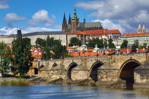 Saint: St. Vitus Cathedral and Prague Castle with the Charles Bridge over the Vltava River in Prague