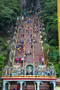 Religious: Stairs leading up to the Batu Caves, a Hindu shrine in Kuala Lumpur, Malaysia