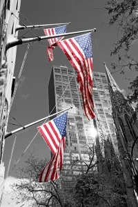 Saint: Stars and stripes American flags and St. Patricks Cathedral in New York, USA