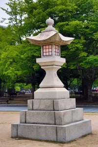 Hiroshima, Japan: A stone lanterin in the Hiroshima Peace Memorial Park, Hiroshima, Japan