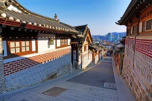 Seoul, Korea: Street scene in the old town of Bukchon Hanok village in Seoul, Korea