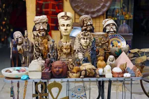 Street scene with shops selling tourist souvenirs in Cairo, Egypt