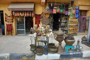 Street scene with shops selling tourist souvenirs in Cairo, Egypt