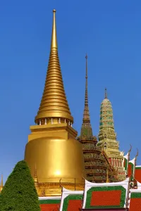 Royal: Stupas and chedis at Wat Phra Kaew Royal Palace complex in Bangkok, Thailand