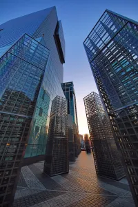 Tall modern buildings and office blocks at dusk in the Gangnam district, Seoul, Korea