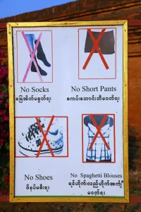 Burma: Temple etiquette sign at Sulamani Guphaya Temple Pagoda on the Plain of Bagan, Bagan