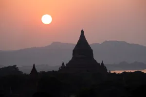 Archaeology: Temples and pagodas at sunset on the Central Plain of Bagan, Myanmar (Burma)