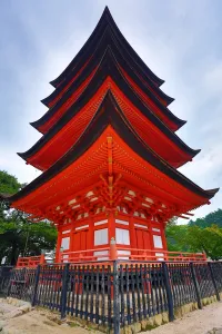 Hiroshima, Japan: The five tiered Pagoda at Itsukushima Shinto Shrine on Miyajima Island, Hiroshima, Japan