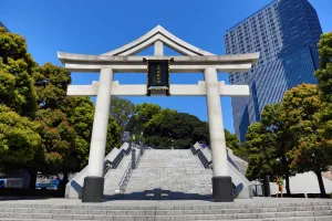 Gate: Torii gate entrance in Akasaka to the Hie-Jinja Shinto Shrine, Tokyo, Japan