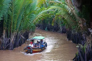 Tourism: Tourist boat on canal on Con Lan (Unicorn) Island, near My Tho, Mekong Delta, Vietnam