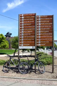 Tourism: Tourist information signs with directions to famous landmarks in King Tomislav Square in Zagreb