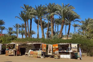 Tourist souvenirs on sale at stalls at the Memphis Museum, Cairo, Egypt