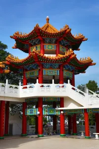 Religious: Tower and roof decorations on the Thean Hou Chinese Temple, Kuala Lumpur, Malaysia