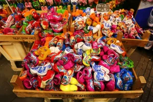 Traditional Dutch clogs souvenirs for tourists at the Flower Market in Amsterdam, Holland