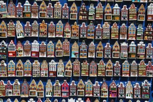 Souvenir: Traditional Dutch houses fridge magnets on sale in the flower market in Amsterdam